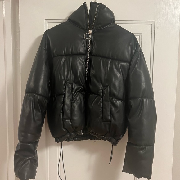 Black leather puffer jacket - Picture 2 of 5